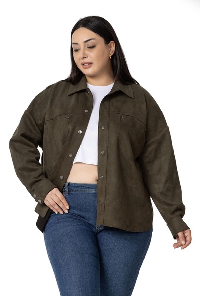 Büyük Beden Çıtçıt Kapamalı Torba Cepli Süet Haki Gömlek fırsatları