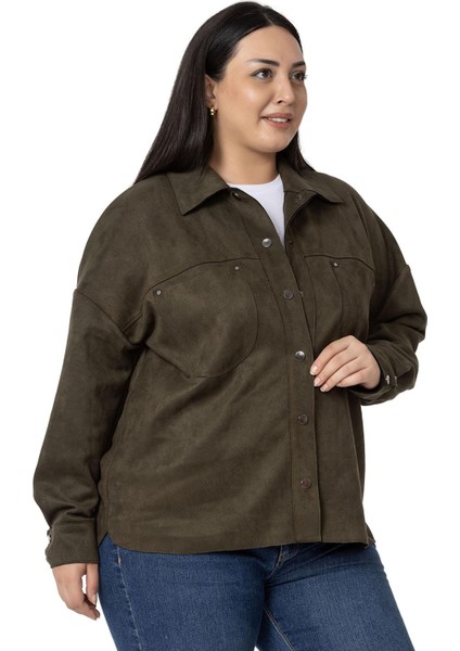 Büyük Beden Çıtçıt Kapamalı Torba Cepli Süet Haki Gömlek indirimleri