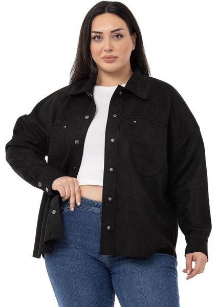 Büyük Beden Çıtçıt Kapamalı Torba Cepli Süet Siyah Gömlek