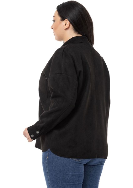 Büyük Beden Çıtçıt Kapamalı Torba Cepli Süet Siyah Gömlek modelleri
