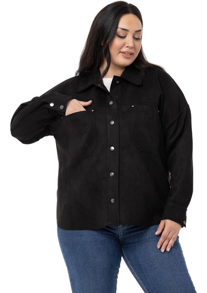 Büyük Beden Çıtçıt Kapamalı Torba Cepli Süet Siyah Gömlek indirimleri