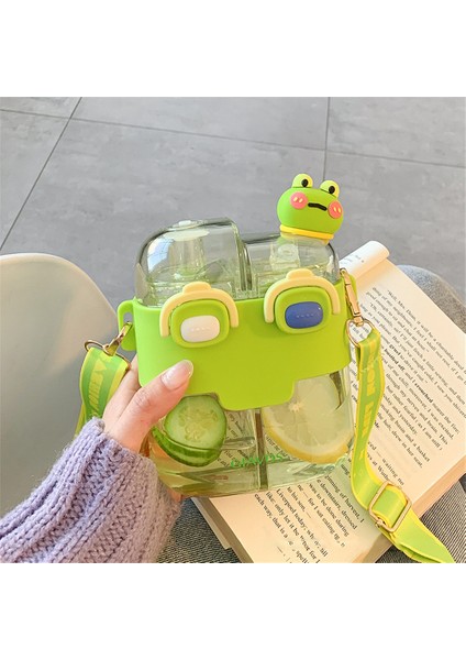 Sevimli Su Bardağı Çocuk Öğrenci Yüksek Değerli Yaz Vantuz Çift Içme Suyu Şişesi Crossbody Taşınabilir Karikatür Plastik Bardak (Yurt Dışından)