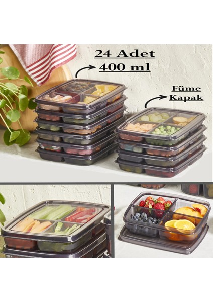 Füme 24 Adet 400 ml 4 Bölmeli Saklama Kabı - Et Sebze Kıyma Buzluk Organizeri