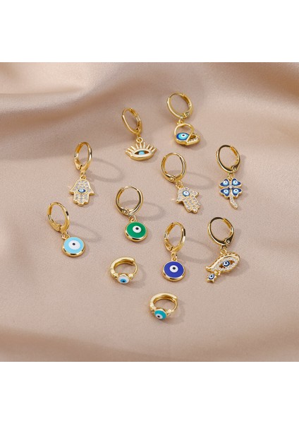 E2645G-3 1 Parça Şanslı Mavi Türk Nazar Daire Küpe Kadınlar Için Paslanmaz Çelik Altın Kaplama Damla Fatima El Küpe Takı Hediye (Yurt Dışından) modelleri