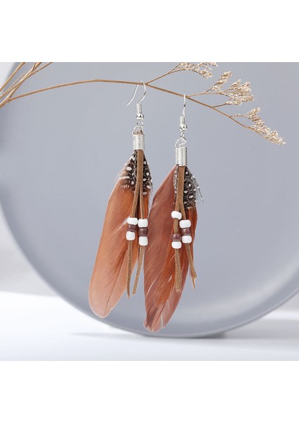Kahverengi Boncuk Tavuskuşu Tüyü Küpe Çıtçıt Etnik Kadın Bohemian Peri Aksesuarları Yaprak Vintage Charms Takı Yapımı (Yurt Dışından)