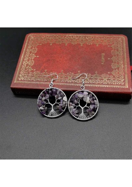 Mor Takılar 7 Çakra Doğal Taş Hayat Ağacı Sarkaç Kristal Küpe Kadınlar Için Şifa Damla Kolye Küpe Kuvars Reiki Takı (Yurt Dışından)