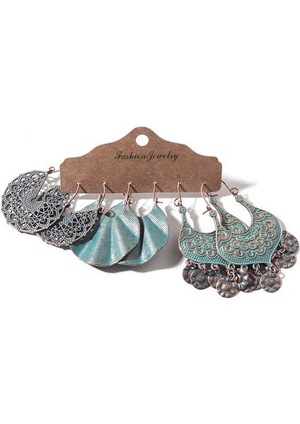 SET-2520-BBBB Bronz Gümüş Renk Etnik Küpe Setleri Takı Uzun Metal Püskül Sarkan Küpe Kadınlar Için Yaprak Çiçekler Geometrik Küpe (Yurt Dışından)