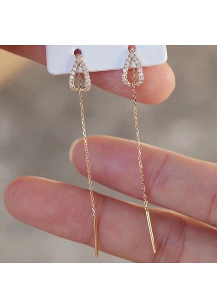 19 Damla Kulak Hattı Uzun Sallanan Küpe Kadınlar Için Gül Altın Rengi Zirkon Kristal Piercing Geçirici Küpe Kulak Aksesuarları Takı (Yurt Dışından) fırsatları