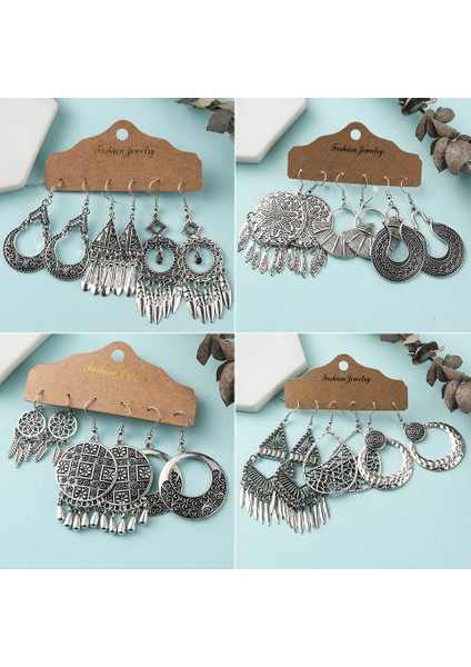SET-2526-BBBB Bronz Gümüş Renk Etnik Küpe Setleri Takı Uzun Metal Püskül Sarkan Küpe Kadınlar Için Yaprak Çiçekler Geometrik Küpe (Yurt Dışından) fırsatları