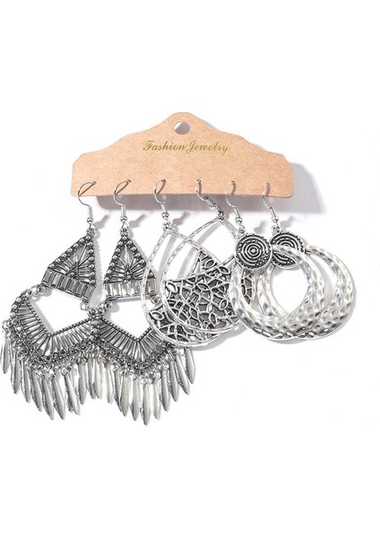SET-2488-BBBB Bronz Gümüş Renk Etnik Küpe Setleri Takı Uzun Metal Püskül Sarkan Küpe Kadınlar Için Yaprak Çiçekler Geometrik Küpe (Yurt Dışından)