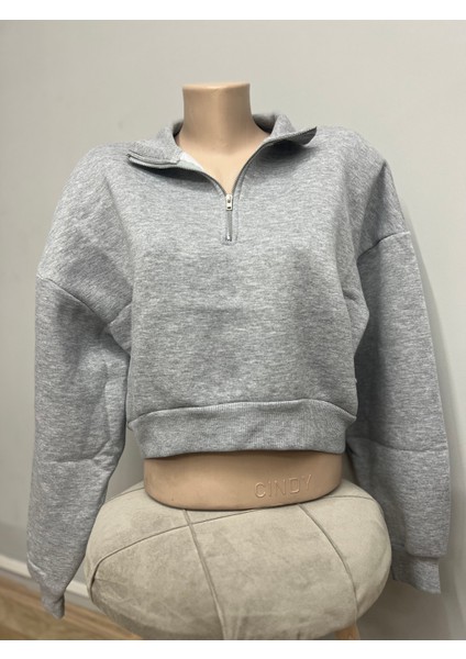 Kadın Fermuar Crop Sweatshirt Gri