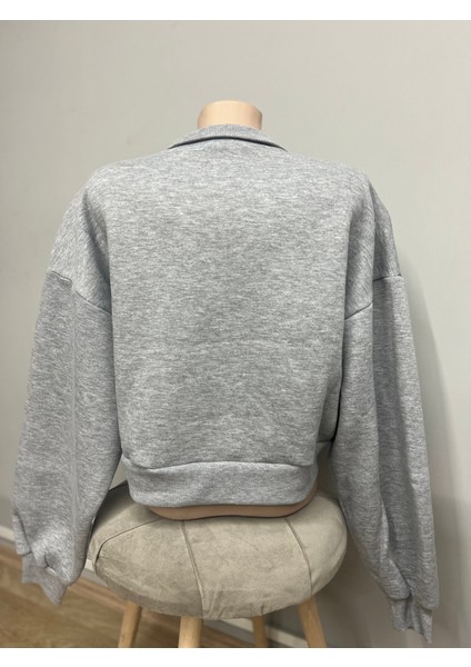 Kadın Fermuar Crop Sweatshirt Gri