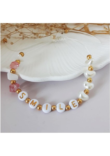 Makrome Örme Smile Yazılı Sedef & Gül Kuvars Doğal Taş & Incili Kadın Bileklik & Halhal