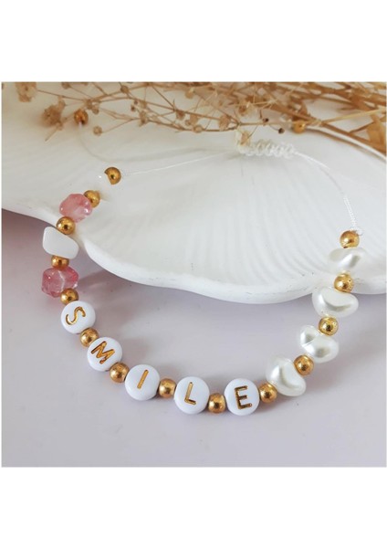 Makrome Örme Smile Yazılı Sedef & Gül Kuvars Doğal Taş & Incili Kadın Bileklik & Halhal fiyatları