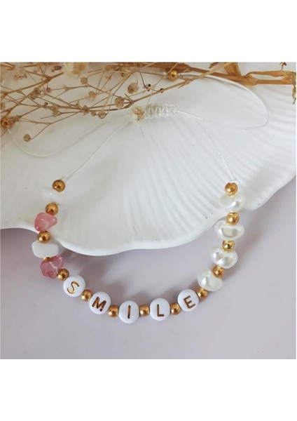 Makrome Örme Smile Yazılı Sedef & Gül Kuvars Doğal Taş & Incili Kadın Bileklik & Halhal modelleri