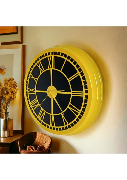 Siyah Sarı Metal Çerçeve Salon Otel Ofis Duvar Saati 40 cm Camsız