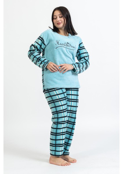 Kadın 94 Kareli Desenli Büyük Beden Polar Pijama Takımı Mavi