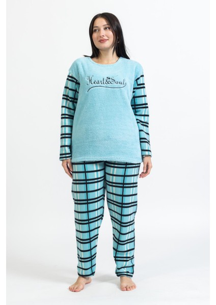 Kadın 94 Kareli Desenli Büyük Beden Polar Pijama Takımı Mavi