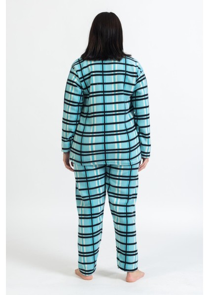 Kadın 94 Kareli Desenli Büyük Beden Polar Pijama Takımı Mavi