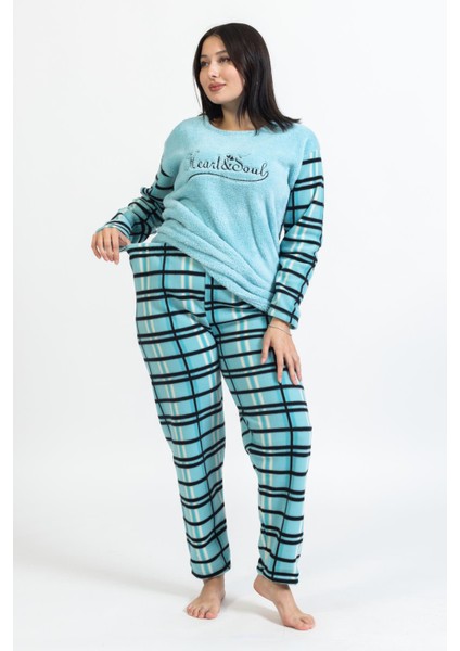 Kadın 94 Kareli Desenli Büyük Beden Polar Pijama Takımı Mavi