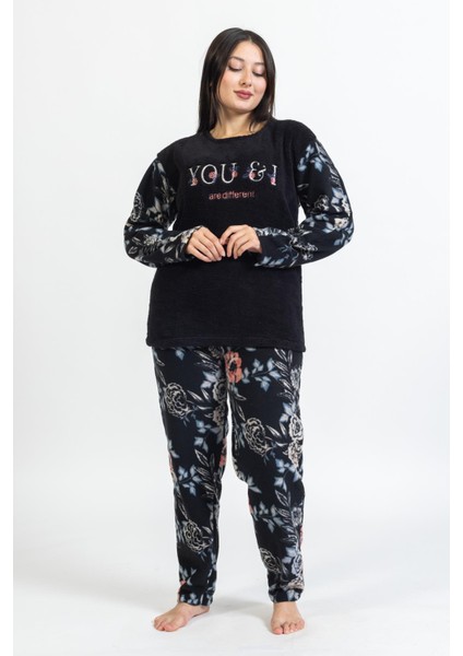 Kadın 128 Büyük Beden Polar Pijama Takımı Siyah
