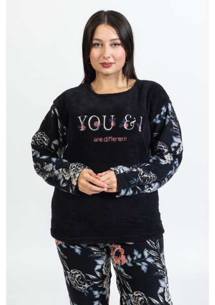 Kadın 128 Büyük Beden Polar Pijama Takımı Siyah modelleri