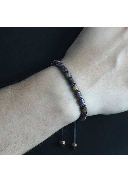 Silindir Kesim Makrome Örgülü Kaplangözü-Hematit Kombinli Doğaltaş Erkek Bileklik fiyatları