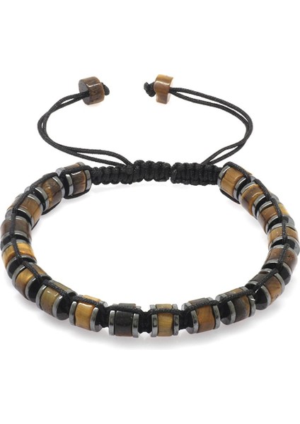 Silindir Kesim Makrome Örgülü Kaplangözü-Hematit Kombinli Doğaltaş Erkek Bileklik modelleri