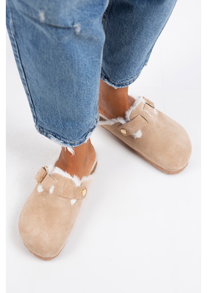 Zeta Kürklü Kadın Hakiki Deri Tokalı Kemerli Kürklü Kum Süet Terlik fiyatları