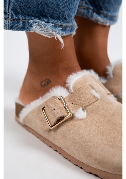 Zeta Kürklü Kadın Hakiki Deri Tokalı Kemerli Kürklü Kum Süet Terlik fırsatları