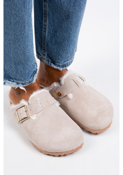 Zeta Kürklü Kadın Hakiki Deri Tokalı Kemerli Kürklü Bej Süet Terlik fiyatları