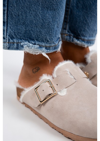 Zeta Kürklü Kadın Hakiki Deri Tokalı Kemerli Kürklü Bej Süet Terlik modelleri