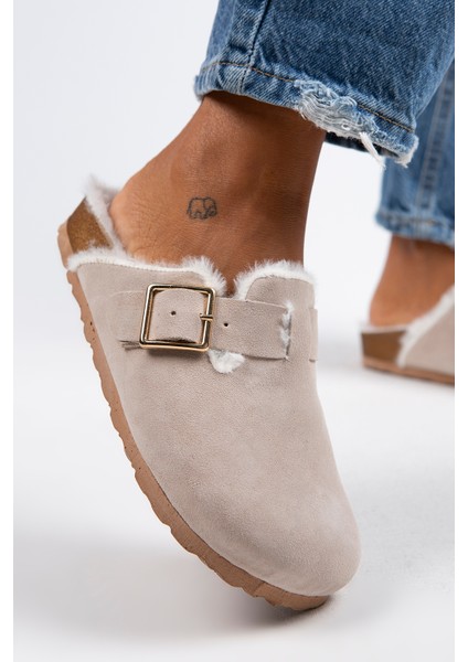 Zeta Kürklü Kadın Hakiki Deri Tokalı Kemerli Kürklü Bej Süet Terlik fırsatları