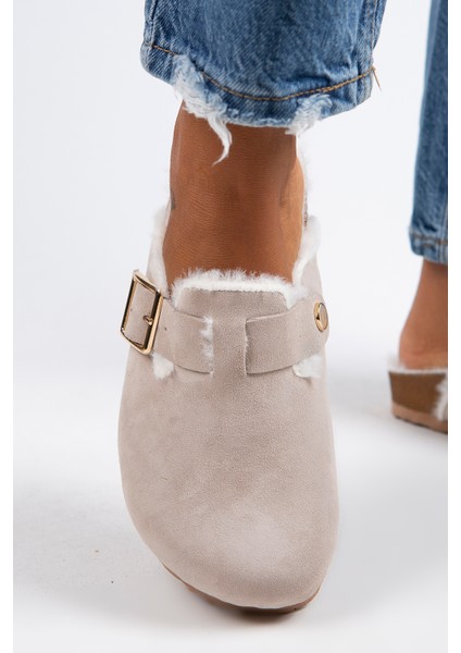 Zeta Kürklü Kadın Hakiki Deri Tokalı Kemerli Kürklü Bej Süet Terlik indirimleri