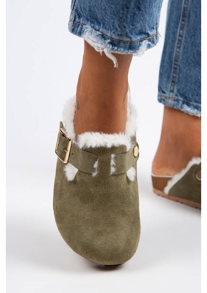 Zeta Kürklü Kadın Hakiki Deri Tokalı Kemerli Kürklü Haki Süet Terlik indirimleri