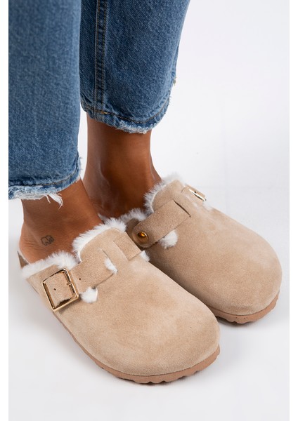 Zeta Kürklü Kadın Hakiki Deri Tokalı Kemerli Kürklü Kum Süet Terlik modelleri