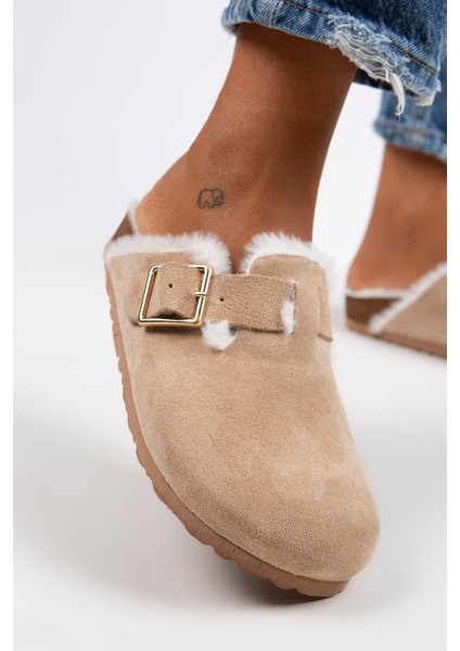 Zeta Kürklü Kadın Hakiki Deri Tokalı Kemerli Kürklü Kum Süet Terlik indirimleri