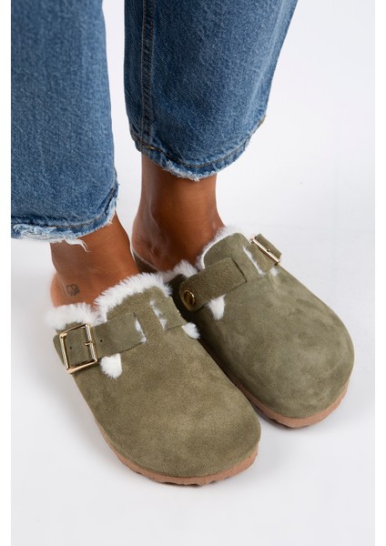 Zeta Kürklü Kadın Hakiki Deri Tokalı Kemerli Kürklü Haki Süet Terlik fiyatları