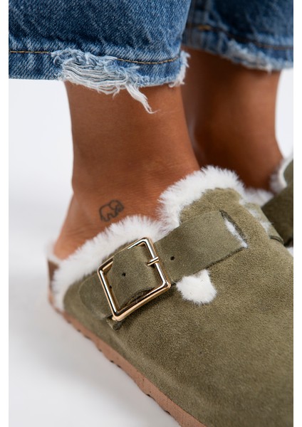 Zeta Kürklü Kadın Hakiki Deri Tokalı Kemerli Kürklü Haki Süet Terlik modelleri