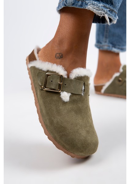 Zeta Kürklü Kadın Hakiki Deri Tokalı Kemerli Kürklü Haki Süet Terlik fırsatları