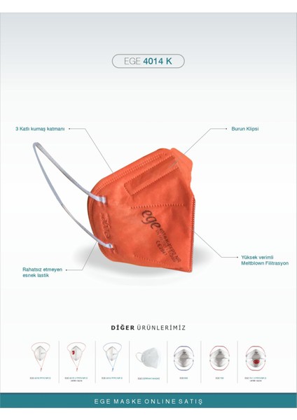 4014-K Ffp2 N95 Ventilsiz Maske 25'li Turuncu