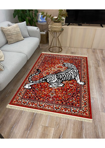 Drom Kaymaz Halı Makinede Yıkanabilir Kaplan Figürlü Şönil Kilim