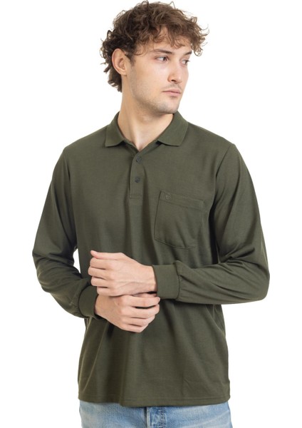 Erkek Polo Yaka Cepli Uzun Kollu Mevsimlik Sweatshirt 1103-HAKI Yeşili fırsatları