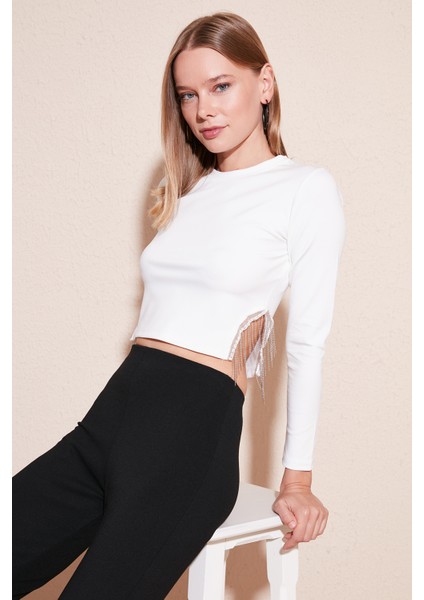 Slim Fit Bisiklet Yaka Yanı Zincirli Crop Bluz Bayan Bluz 5865398