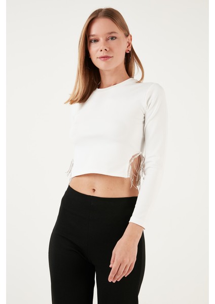 Slim Fit Bisiklet Yaka Yanı Zincirli Crop Bluz Bayan Bluz 5865398 modelleri