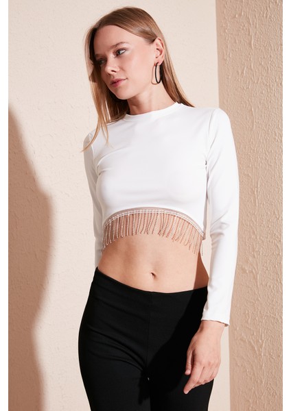 Slim Fit Bisiklet Yaka Zincirli Crop Bluz Bayan Bluz 5865397