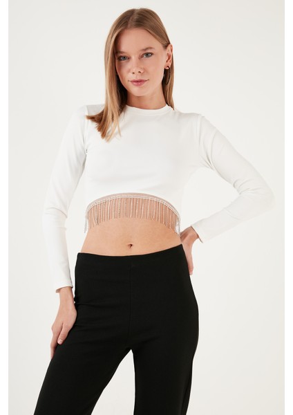 Slim Fit Bisiklet Yaka Zincirli Crop Bluz Bayan Bluz 5865397