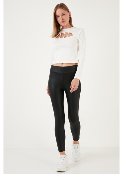 Slim Fit Bisiklet Yaka Önü Pencereli Crop Bluz Bayan Bluz 5865399 fiyatları