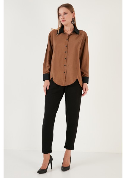 Asimetrik Kesim Oversize Fit Dokuma Gömlek Bayan Gömlek 611GO0178 modelleri