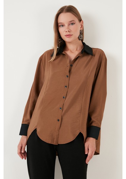 Asimetrik Kesim Oversize Fit Dokuma Gömlek Bayan Gömlek 611GO0178 fırsatları